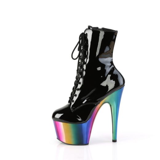 Product image of Pleaser ADORE-1020RC Blk Pat/Rainbow Chrome 7 Inch Heel 2 3/4 Inch Chromed PF Lace-Up Ankle Boot Side Zip