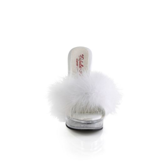 Product image of Fabulicious MAJESTY-501F-8 Wht Faux Leather-Fur/Clr 5 Inch Heel 7/8 Inch PF Marabou Slipper