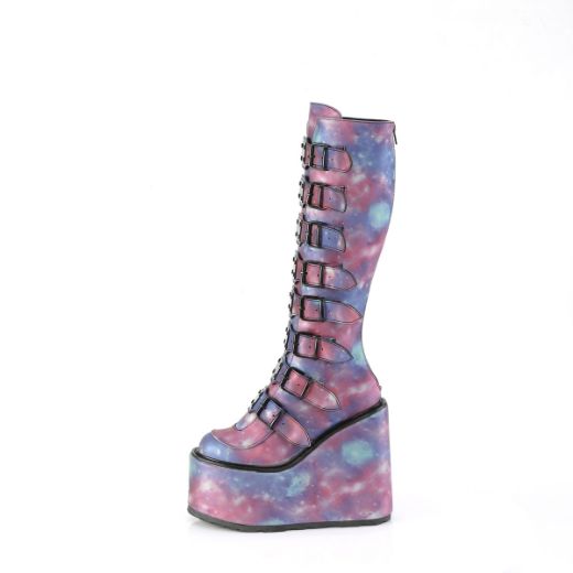 Product image of Demonia SWING-815 Purple-Blue Reflective Vegan Leather 5 1/2 Inch PF Knee High Boot w/ 8 Buckle Straps Back Metal Zip