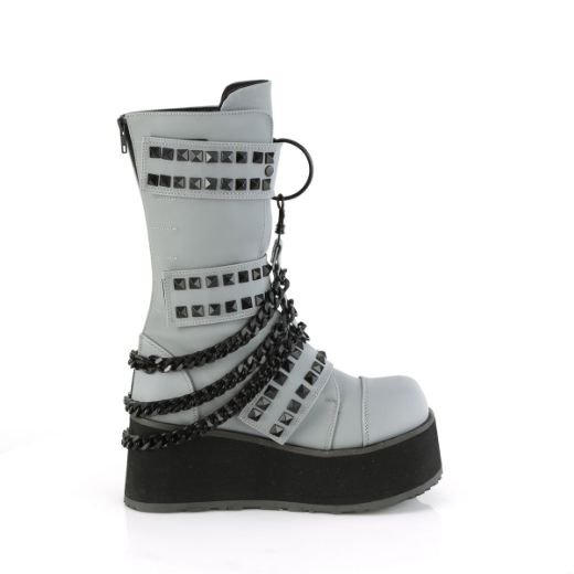 Product image of Demonia TRASHVILLE-138 Grey Multi Reflective Vegan Leather 3 1/4 Inch PF 3 Hook and Loop Strap Mid-Calf Boot Back Zip