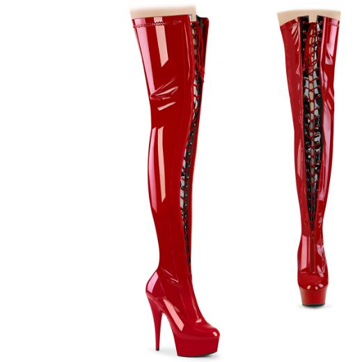 Product image of Pleaser DELIGHT-3027 Red-Blk Str. Pat/Red 6 Inch Heel 1 3/4 Inch PF Two Tone Thigh High Boot Front Zip