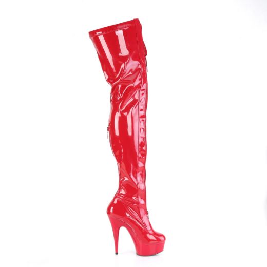 Product image of Pleaser DELIGHT-3027 Red-Blk Str. Pat/Red 6 Inch Heel 1 3/4 Inch PF Two Tone Thigh High Boot Front Zip