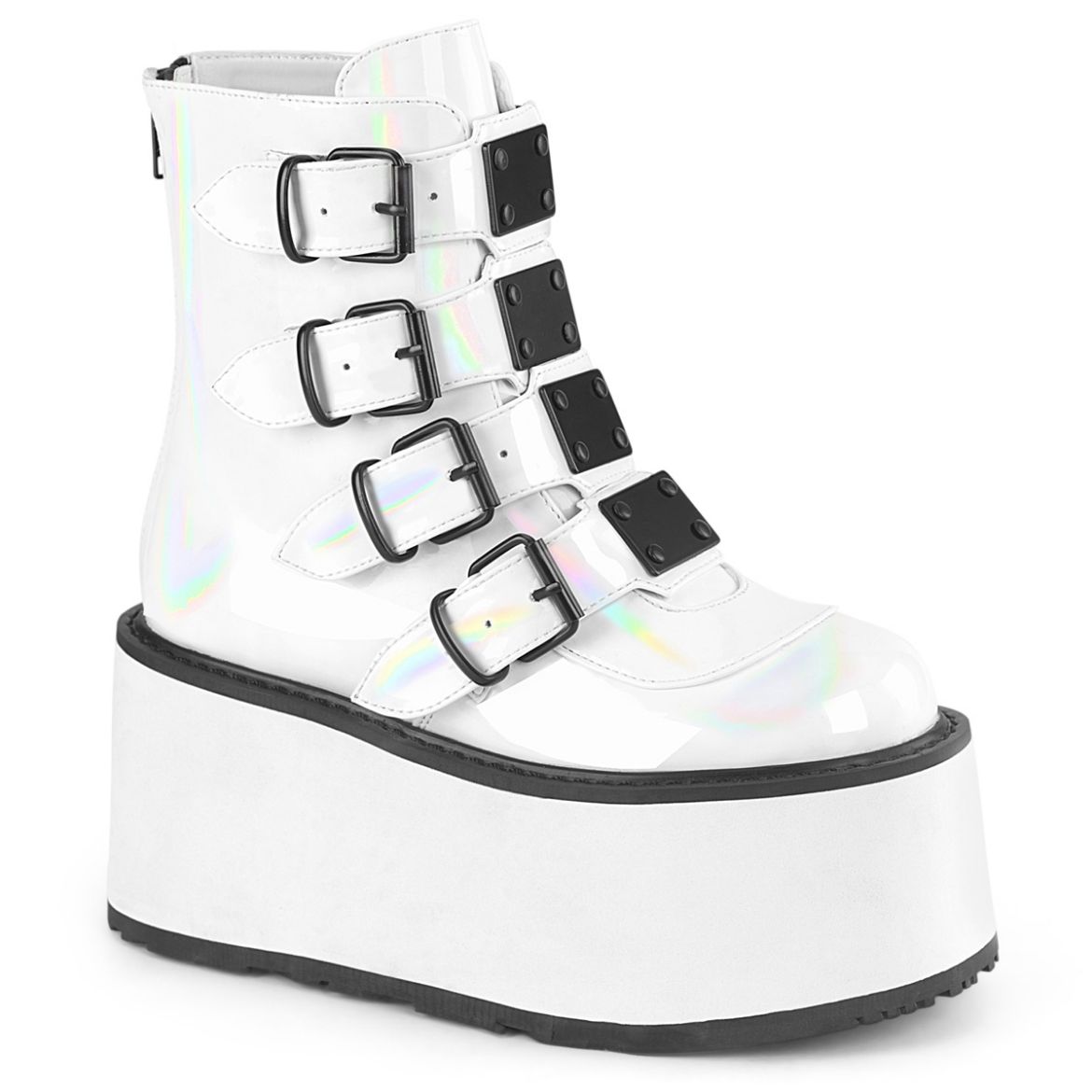 Product image of Demonia DAMNED-105 Wht Holo Pat 3 1/2 Inch PF Ankle Bootw/ 4 Buckle Straps Back MetalZip