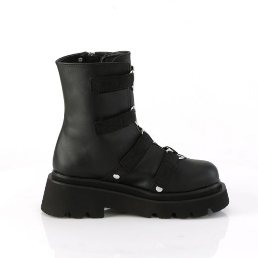 Product image of Demonia RENEGADE-50 Blk Vegan Leather-Nylon 2 1/2 Inch Tiered PF Strappy Ankle Boot Outer Side Zip