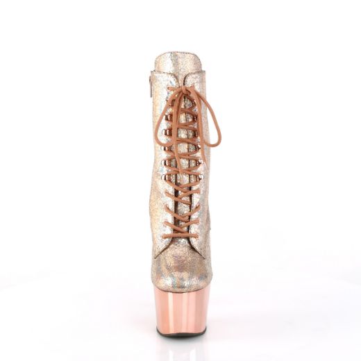 Product image of Pleaser ADORE-1020HM Rose Gold Holo Metallic Pu/Rose Gold Chrome 7 Inch Heel 2 3/4 Inch PF Lace-Up Front Ankle Boot Side ZIp