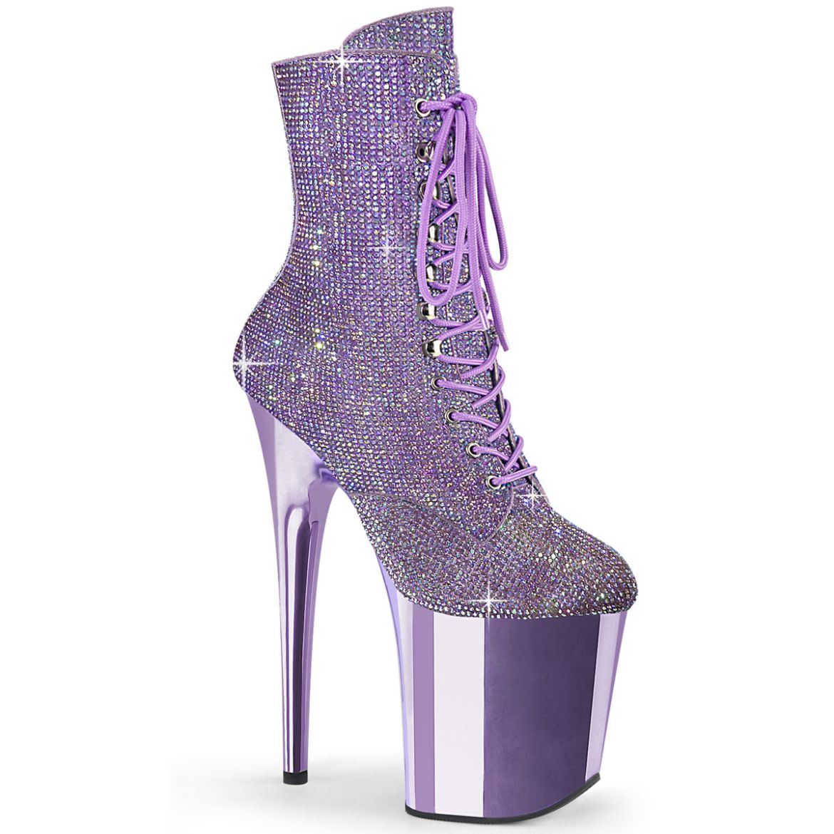 Product image of Pleaser FLAMINGO-1020CHRS Lavender Multi RS/Lavender Chrome 8 Inch Heel  4 Inch PF Lace-Up RS Embellished Ankle Boot Side Zip
