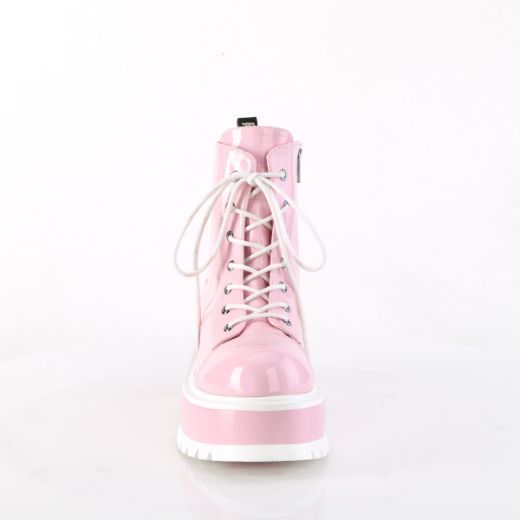 Product image of Demonia SLACKER-55 B. Pink Holo Pat 2 Inch PF Lace-Up Ankle Boot Side Zip