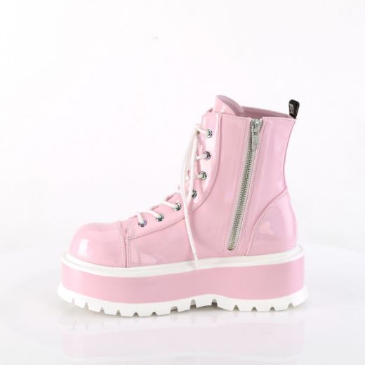 Product image of Demonia SLACKER-55 B. Pink Holo Pat 2 Inch PF Lace-Up Ankle Boot Side Zip