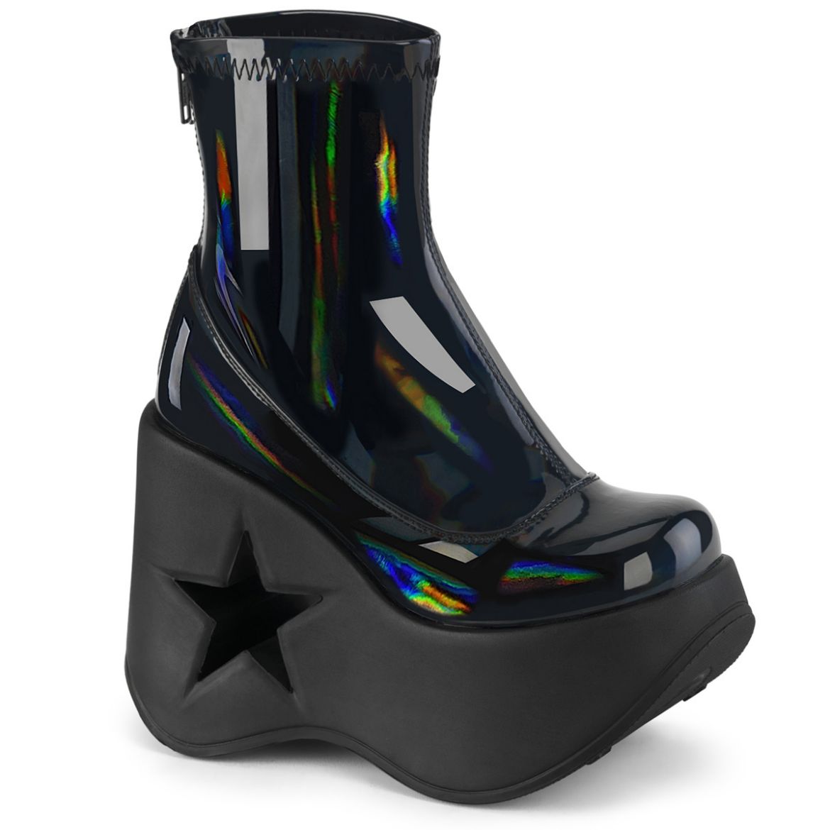 Product image of Demonia DYNAMITE-100 Blk Stretch Holo 5 Inch Star Cutout Platform Wedge Ankle Boot Back Zip