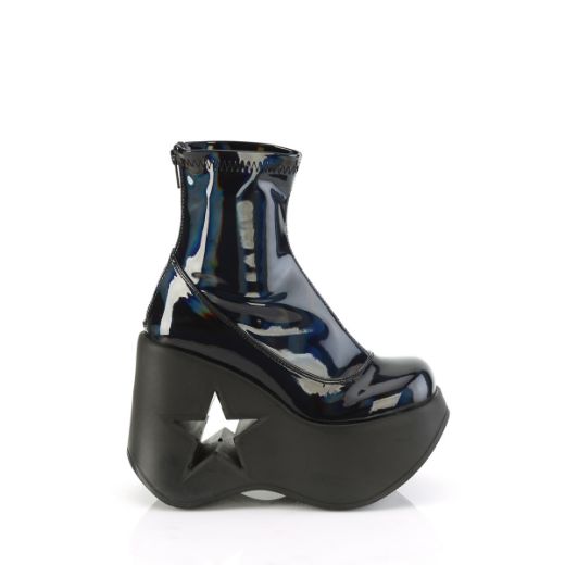 Product image of Demonia DYNAMITE-100 Blk Stretch Holo 5 Inch Star Cutout Platform Wedge Ankle Boot Back Zip