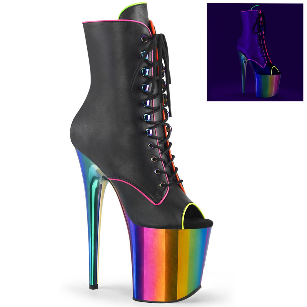 Product image of Pleaser FLAMINGO-1021RC-02 Blk Pat/Rainbow Chrome 8 Inch Heel 4 Inch Chromed PF Peep Toe Lace-Up Ankle Boot Side Zip