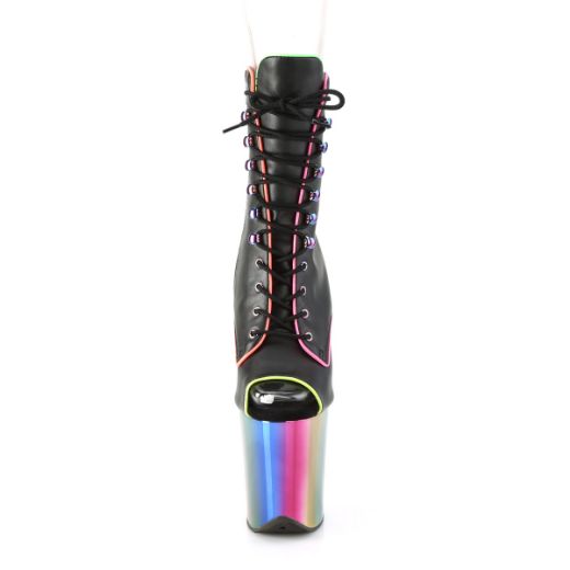 Product image of Pleaser FLAMINGO-1021RC-02 Blk Pat/Rainbow Chrome 8 Inch Heel 4 Inch Chromed PF Peep Toe Lace-Up Ankle Boot Side Zip