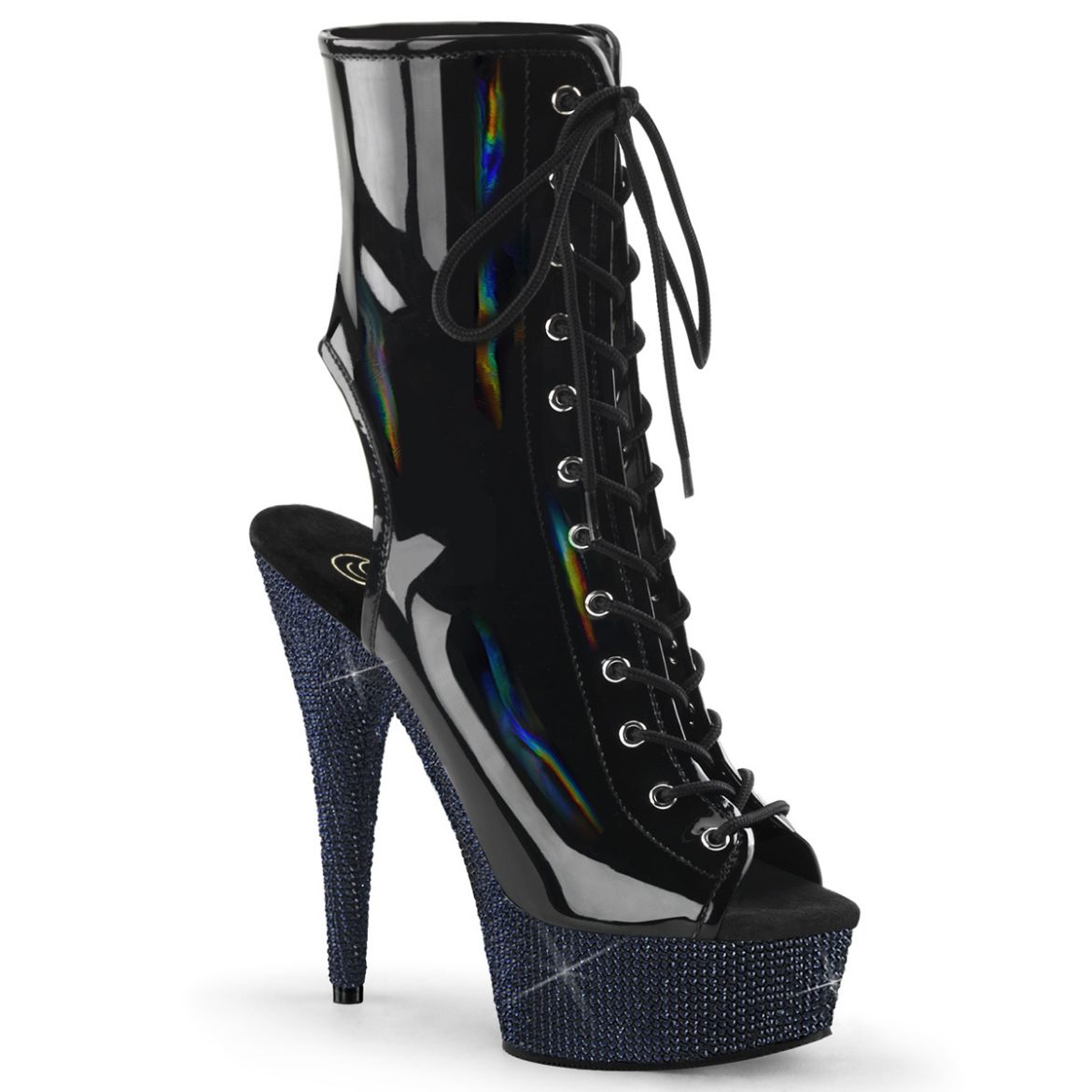 Product image of Pleaser BEJEWELED-1016-6 Blk Holo Pat/Midnight Blk RS 6 Inch Heel 1 3/4 Inch PF Open Toe/Heel Lace-Up Ankle Boot wRS