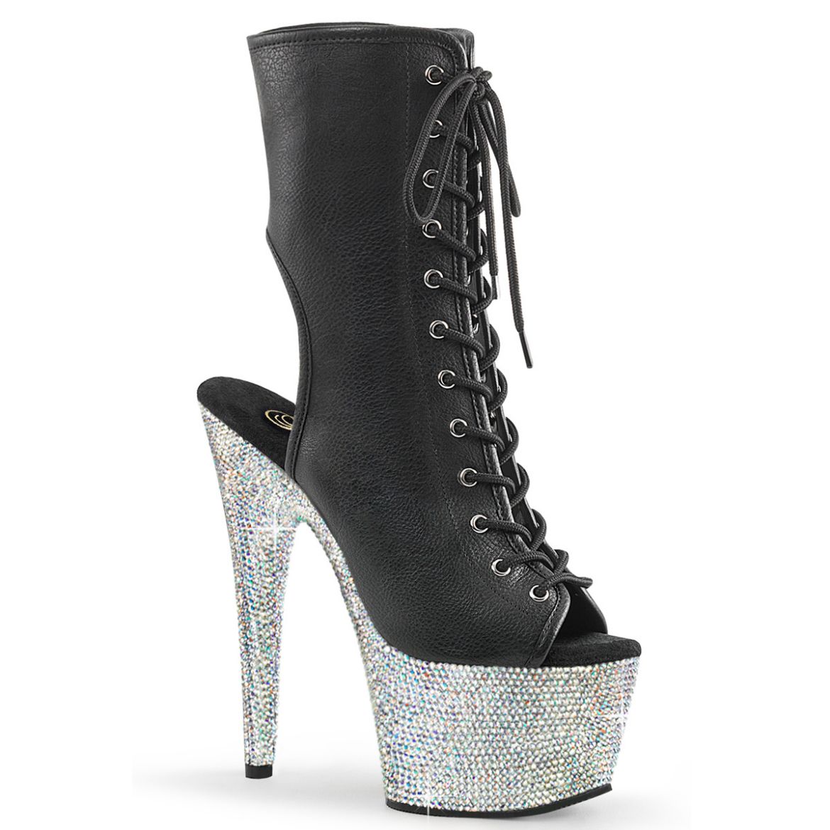 Product image of Pleaser BEJEWELED-1016-7 Blk Faux Leather/Slv AB RS 7 Inch Heel 2 3/4 Inch PF Open Toe/Heel Lace-Up Ankle Boot wRS