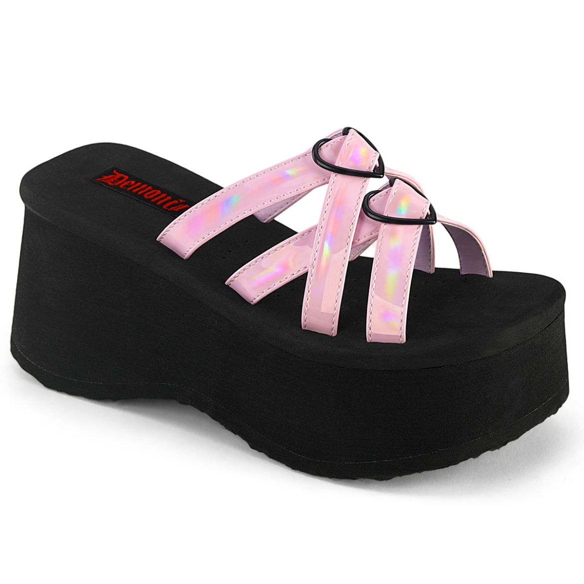 Product image of Demonia FUNN-15 B. Pink Holo Pat 3 1/2 Inch PF Criss Cross Slide Sandal