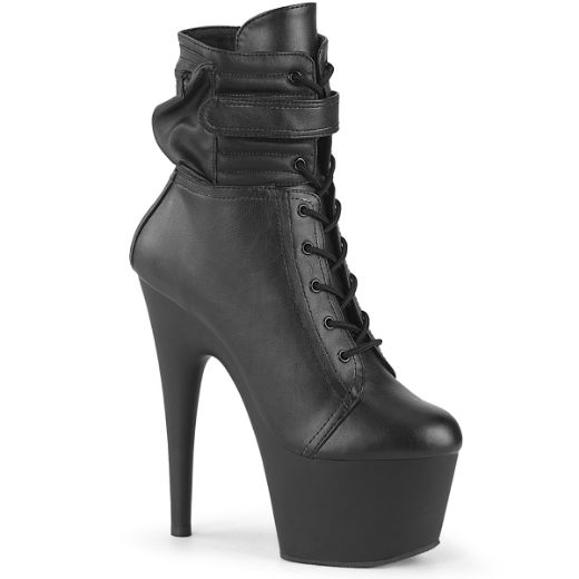 Product image of Pleaser ADORE-1020POUCH Blk Faux Leather/Blk Matte 7 Inch Heel 2 3/4 Inch PF Lace-Up Front Ankle Boot Side Zip