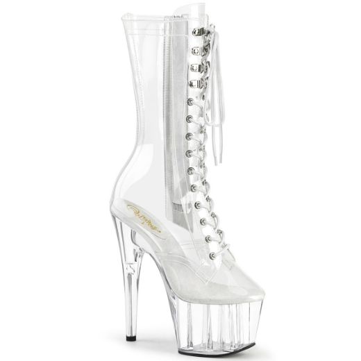 Product image of Pleaser ADORE-1050C Clr/Clr 7 Inch Heel 2 3/4 Inch PF Lace-Up Front Mid Calf Boot Side Zip