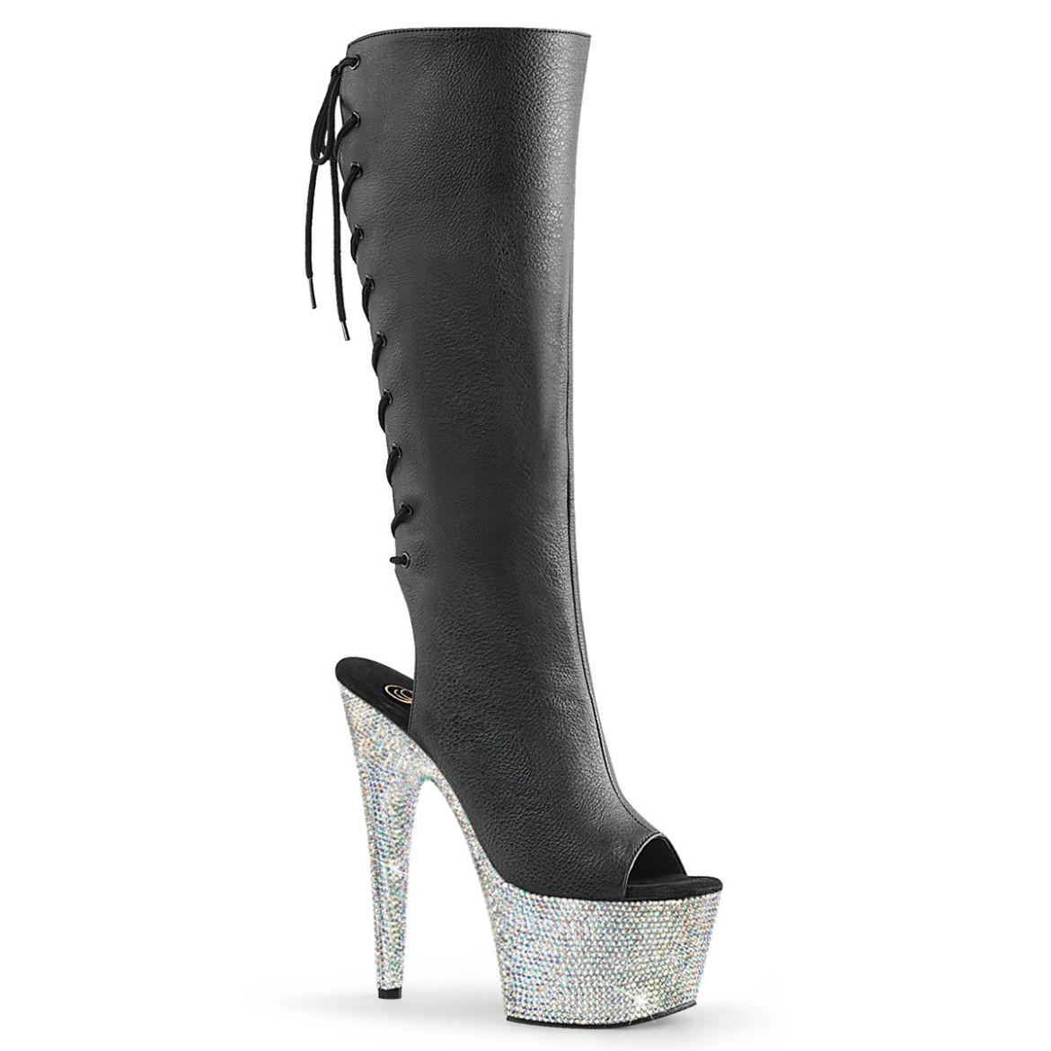 Product image of Pleaser BEJEWELED-2018-7 Blk Faux Leather/Slv AB RS 7 Inch Heel 2 3/4 Inch PF Open Toe/Heel Knee Boot w/RS Side Zip