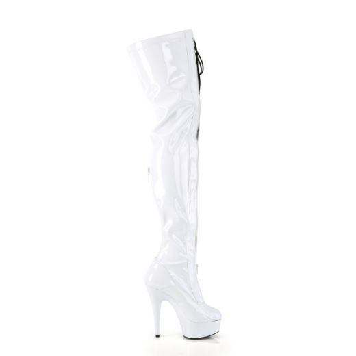 Product image of Pleaser DELIGHT-3027 Wht-Blk Str. Pat/Wht 6 Inch Heel 1 3/4 Inch PF Two Tone Thigh High Boot Front Zip