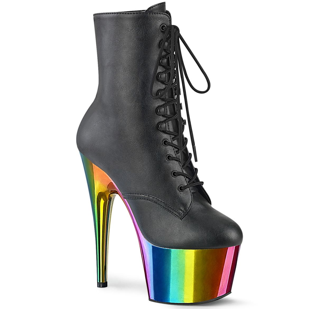 Product image of Pleaser ADORE-1020RC Blk Faux Leather/Rainbow Chrome 7 Inch Heel 2 3/4 Inch Chromed PF Lace-Up Ankle Boot Side Zip