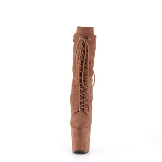 Product image of Pleaser FLAMINGO-1050FS Caramel Faux Suede/Caramel Faux Suede 8 Inch Heel 4 Inch PF Lace-Up Front Mid Calf Boot Side Zip