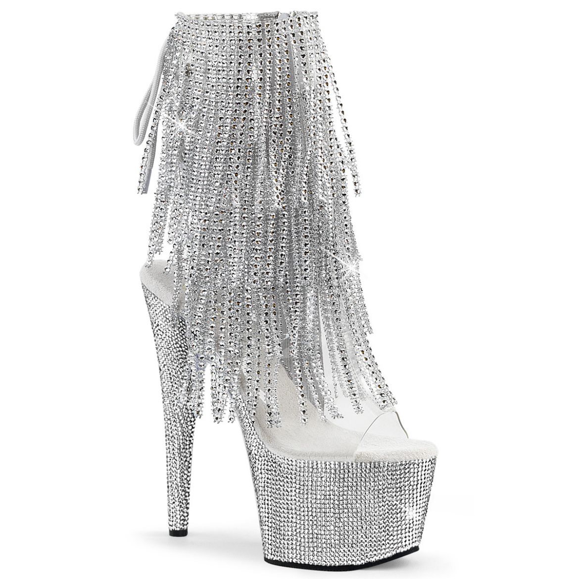 Product image of Pleaser BEJEWELED-1017RSF-7 Clr-Slv/Slv RS 7 Inch Heel 2 3/4 Inch PF Open Toe/Heel Fringe Ankle Boot w/RS