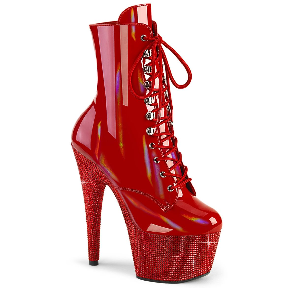 Product image of Pleaser BEJEWELED-1020-7 Red Holo Pat/Red RS 7 Inch Heel 2 3/4 Inch PF Front Lace-Up Ankle Boot w/RS Side Zip