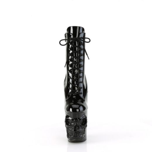 Product image of Pleaser RAPTURE-1020 Blk Pat/Blk 8 Inch Finger Bone Heel 4 Inch Skull PF Ankle Boot Inside Zip