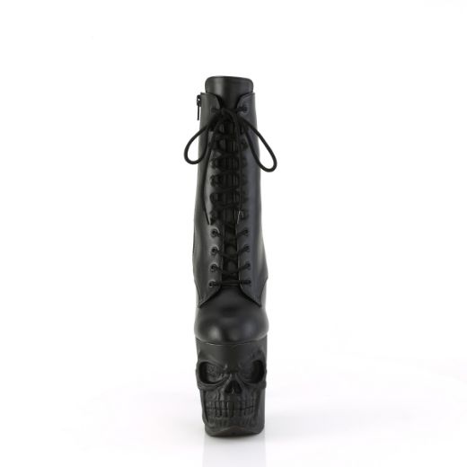 Product image of Pleaser RAPTURE-1020 Blk Faux Leather/Blk Matte 8 Inch Finger Bone Heel 4 Inch Skull PF Ankle Boot Inside Zip