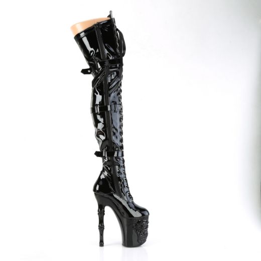 Product image of Pleaser RAPTURE-3028 Blk Str. Pat/Blk 8 Inch Finger Bone Heel 4 Inch Skull PF Thigh Boot Inside Zip