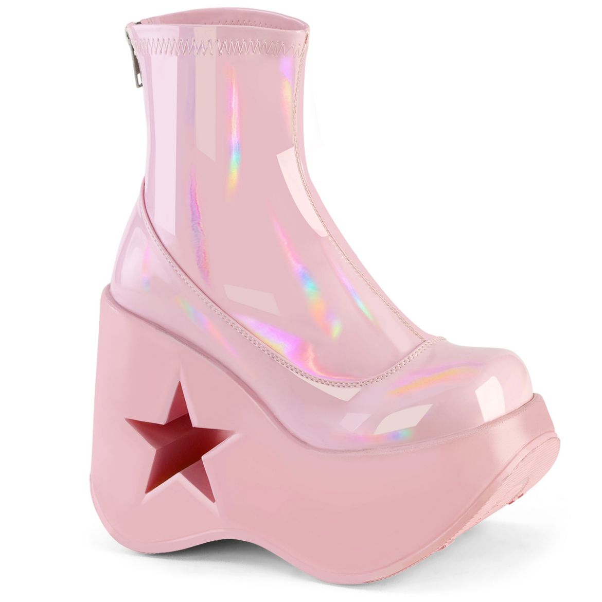Product image of Demonia DYNAMITE-100 B. Pink Stretch Holo 5 Inch Star Cutout Platform Wedge Ankle Boot Back Zip