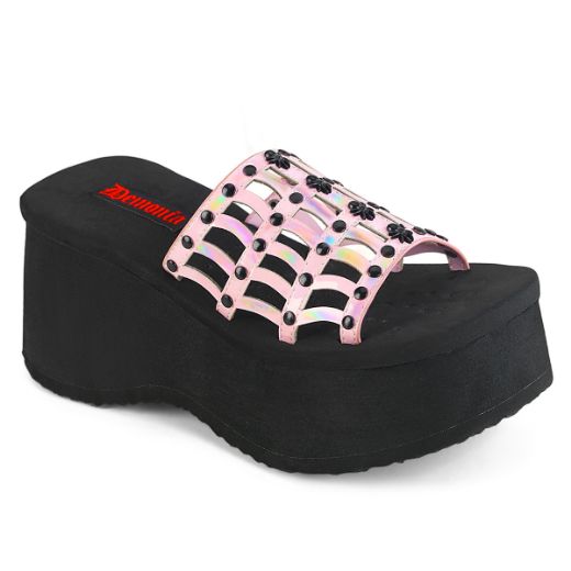 Product image of Demonia FUNN-13 B. Pink Holo Pat 3 1/2 Inch PF Studded Spiderweb Slide Sandal