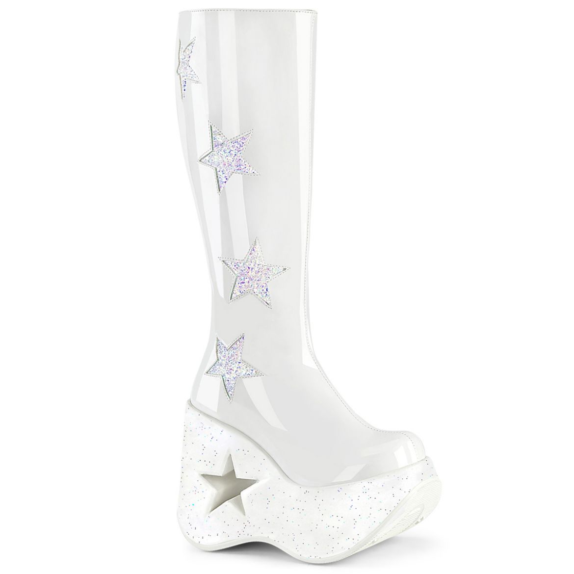Product image of Demonia DYNAMITE-218 Wht Pat-Wht Multi Glitter 5 Inch Star Cutout PF Wedge Knee High Boot Inside Zip