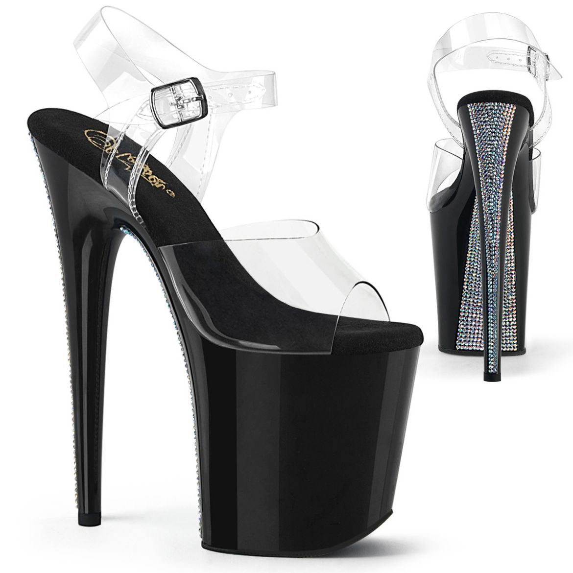 Product image of Pleaser FLAMINGO-808CRS-2 Clr/Blk-Slv RS 8 Inch Heel 4 Inch PF Ankle Strap Sandal
