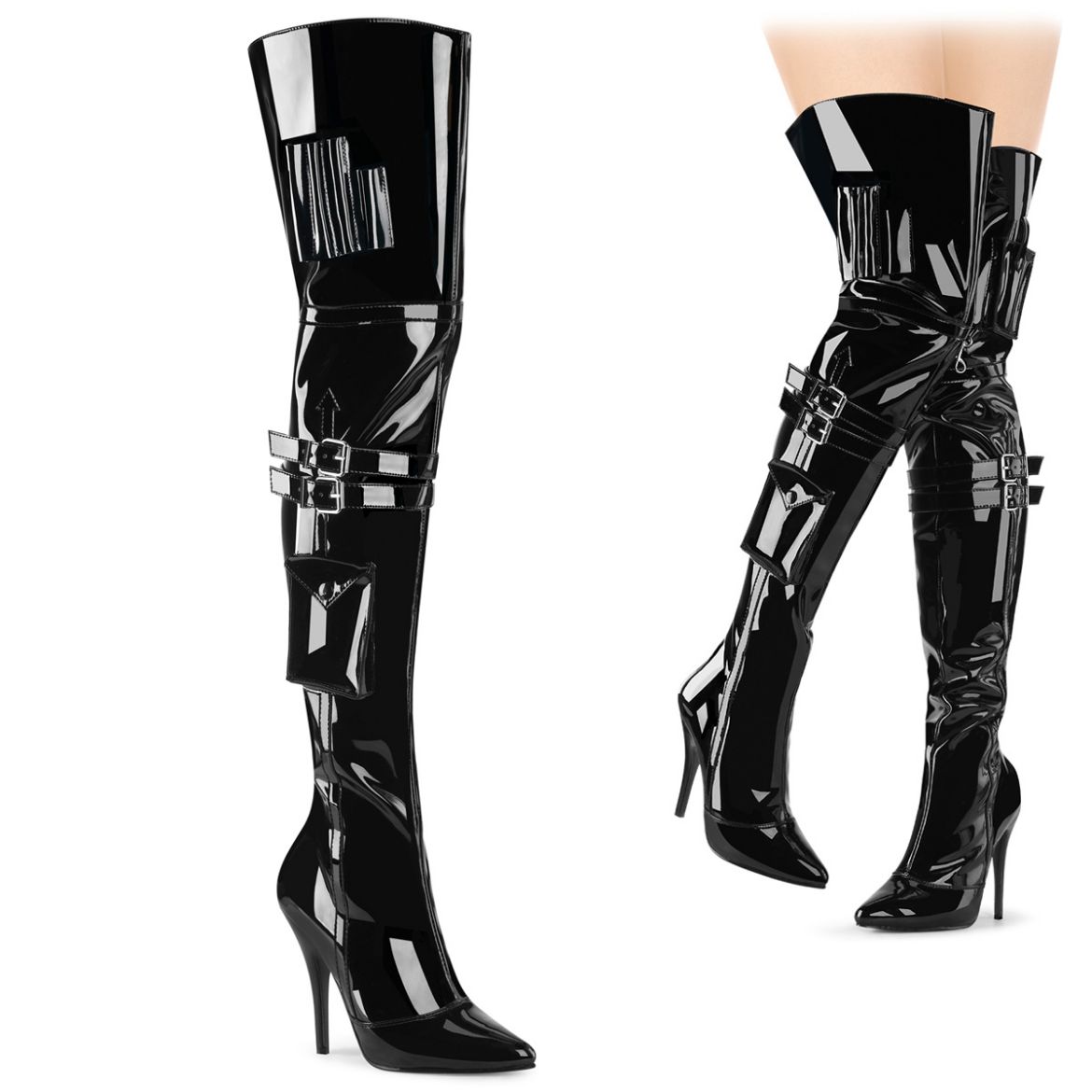 Product image of Pleaser SEDUCE-3019 Blk Pat 5� Heel Thigh High Boot w/ Buckle Strap