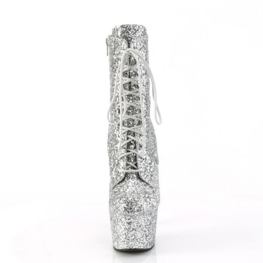 Product image of Pleaser ADORE-1020GWR Silver Glitter/Silver Glitter 7 Inch Heel 2 3/4 Inch PF Lace-Up Glitter Ankle Boot Side Zip