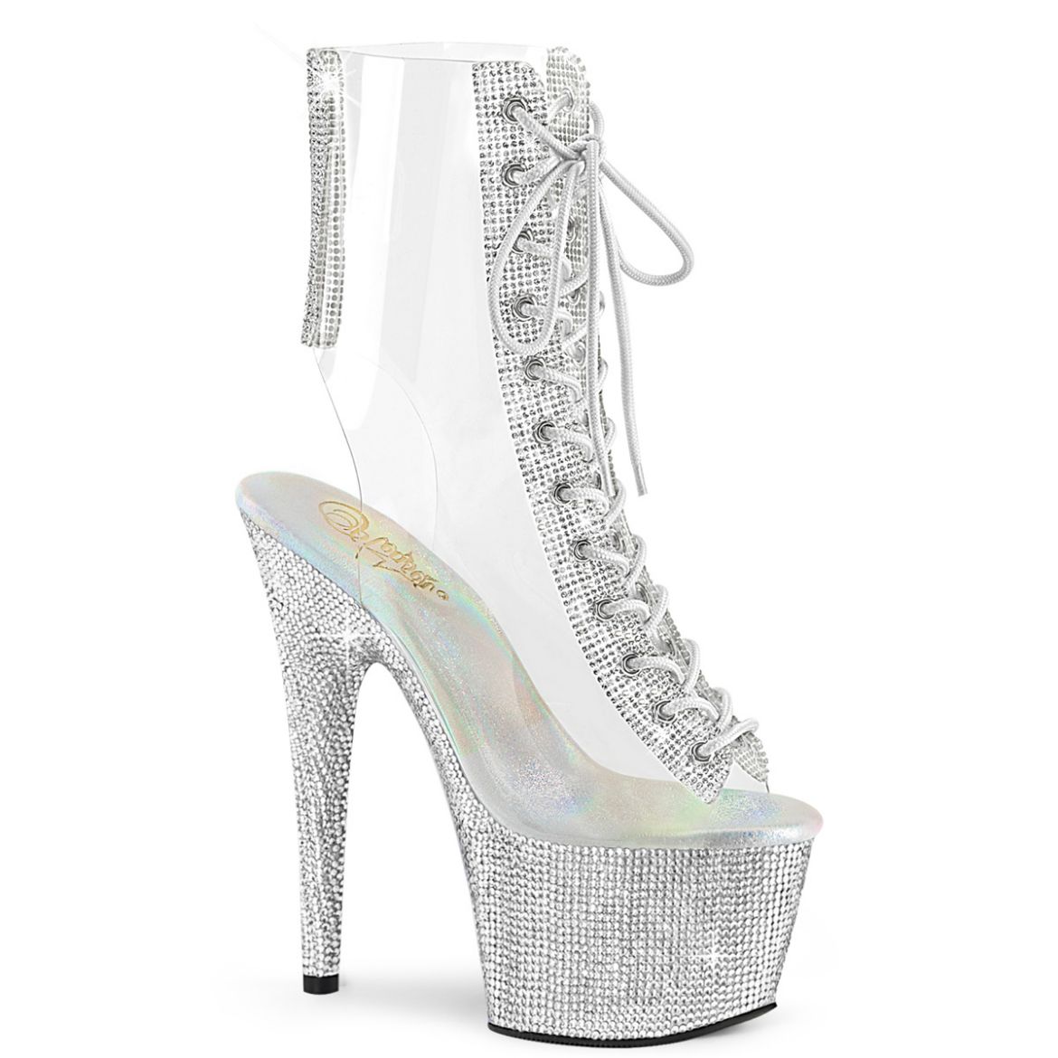 Product image of Pleaser BEJEWELED-1016C-2-7 Clr-RS/Slv RS 7 Inch Heel 2 3/4 Inch PF Open Toe/Heel Lace-Up Ankle Boot w/RS