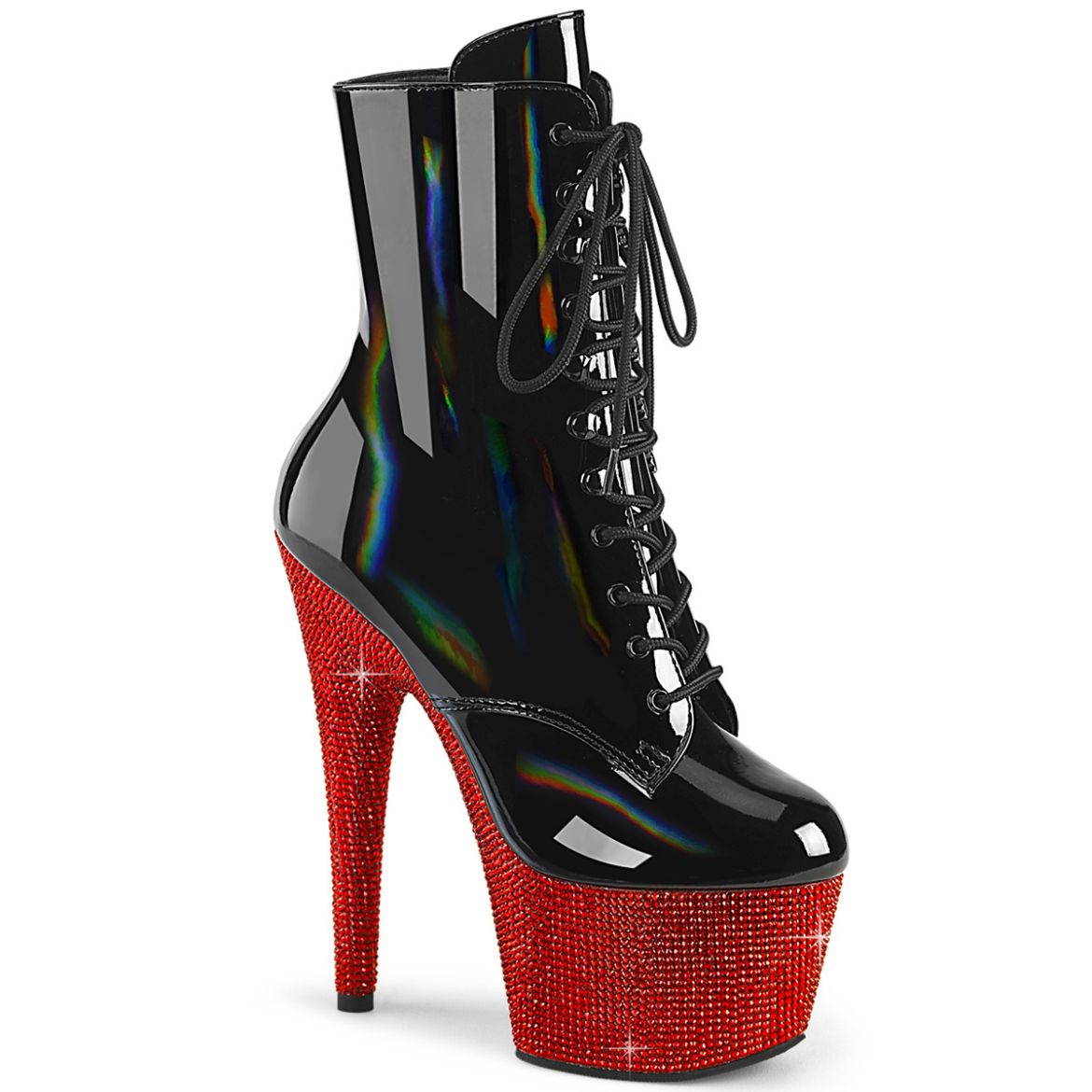 Product image of Pleaser BEJEWELED-1020-7 Blk Holo Pat/Red RS 7 Inch Heel 2 3/4 Inch PF Front Lace-Up Ankle Boot w/RS Side Zip