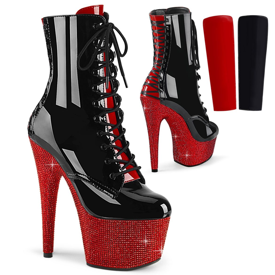 Product image of Pleaser BEJEWELED-1020FH-7 Blk-Red Pat/Red RS 7 Inch Heel 2 3/4 Inch PF Lace-Up Front Ankle Boot w/RS Side Zip