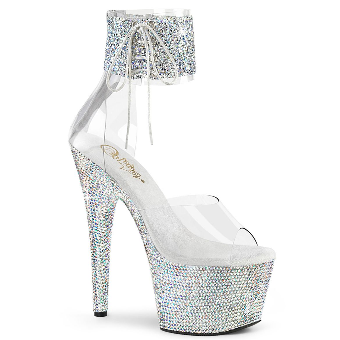 Product image of Pleaser BEJEWELED-724RS-02 Clr-Slv Multi RS/Slv AB RS 7 Inch Heel 2 3/4 Inch PF Ankle Cuff Sandal w/RS Back Zip