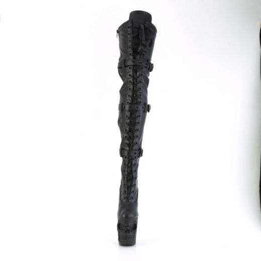 Product image of Pleaser RAPTURE-3028 Blk Str. Faux Leather/Blk Matte 8 Inch Finger Bone Heel 4 Inch Skull PF Thigh Boot Inside Zip