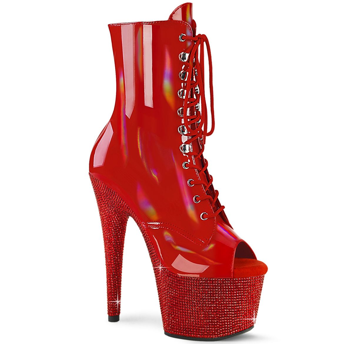 Product image of Pleaser BEJEWELED-1021-7 Red Holo Pat/Red RS 7 Inch Heel 2 3/4 Inch PF Peep Toe Ankle Boot w/RS Side Zip