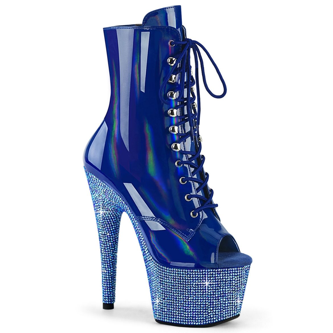 Product image of Pleaser BEJEWELED-1021-7 Blue Holo Pat/Blue AB RS 7 Inch Heel 2 3/4 Inch PF Peep Toe Ankle Boot w/RS Side Zip