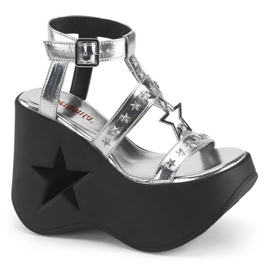 Product image of Demonia DYNAMITE-12 Silver Metallic Vegan Leather 5 Inch Star Cutout PF Wedge Wrap Around Ankle Strap Sandal