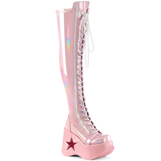 Product image of Demonia DYNAMITE-300 B. Pink Stretch Holo 5 Inch Star Cutout PF Wedge Lace-Up Thigh-High BootOutside Zip