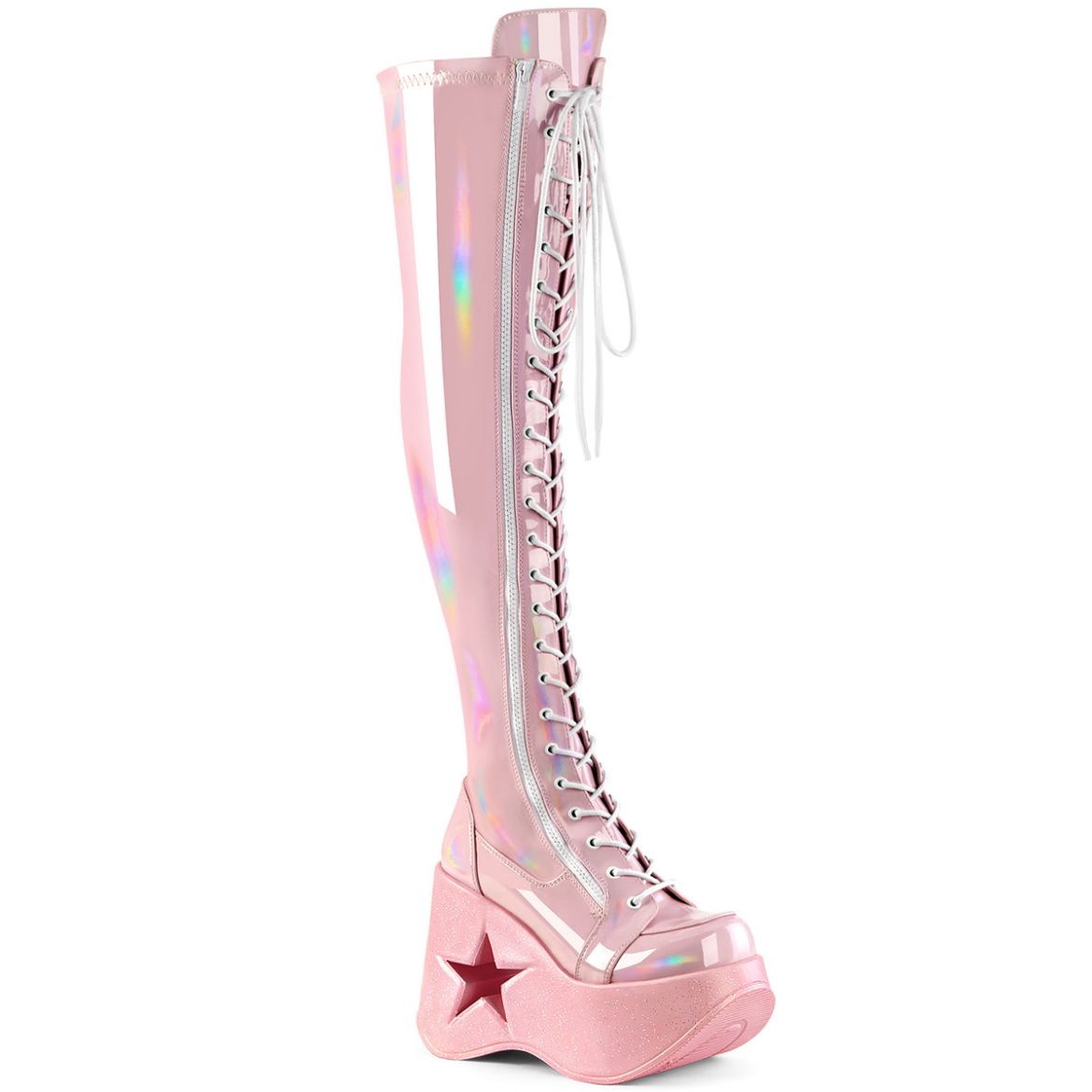 Product image of Demonia DYNAMITE-300 B. Pink Stretch Holo 5 Inch Star Cutout PF Wedge Lace-Up Thigh-High BootOutside Zip