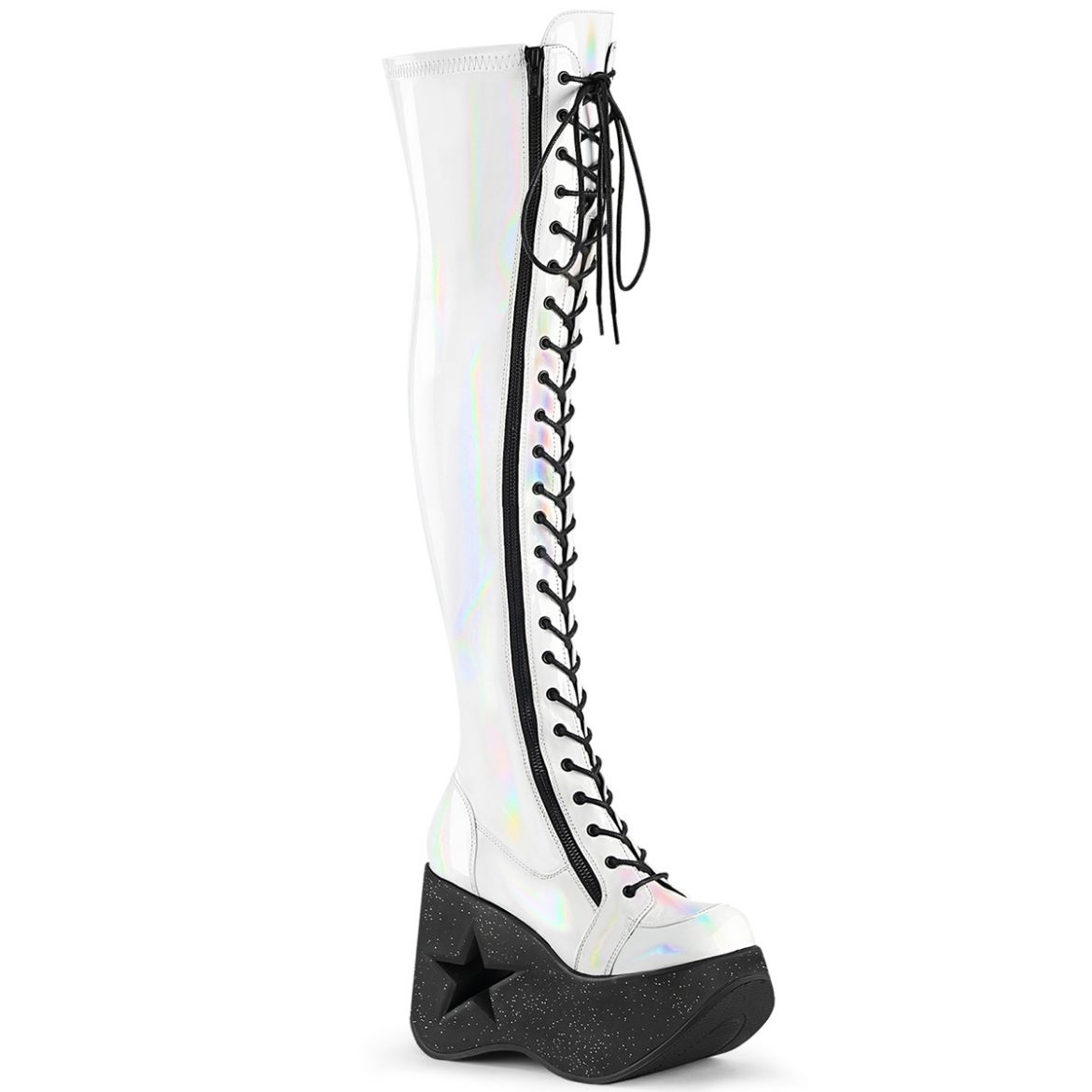 Product image of Demonia DYNAMITE-300 Wht Stretch Holo 5 Inch Star Cutout PF Wedge Lace-Up Thigh-High BootOutside Zip
