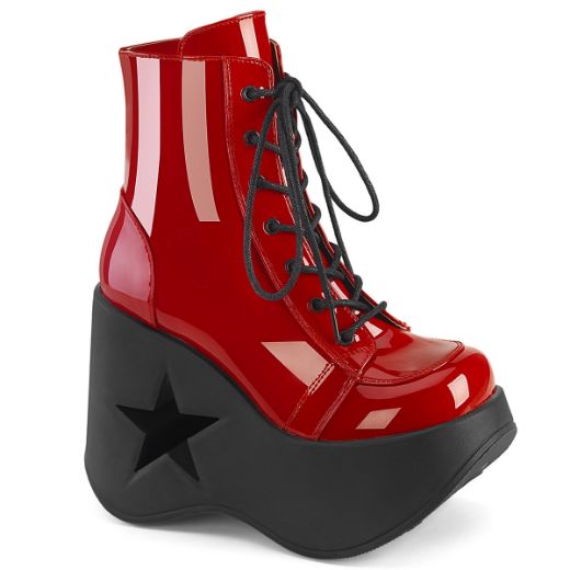 Product image of Demonia DYNAMITE-106 Red Pat 5 Inch Star Cutout PF Wedge Lace-Up Ankle Boot Inside Zip