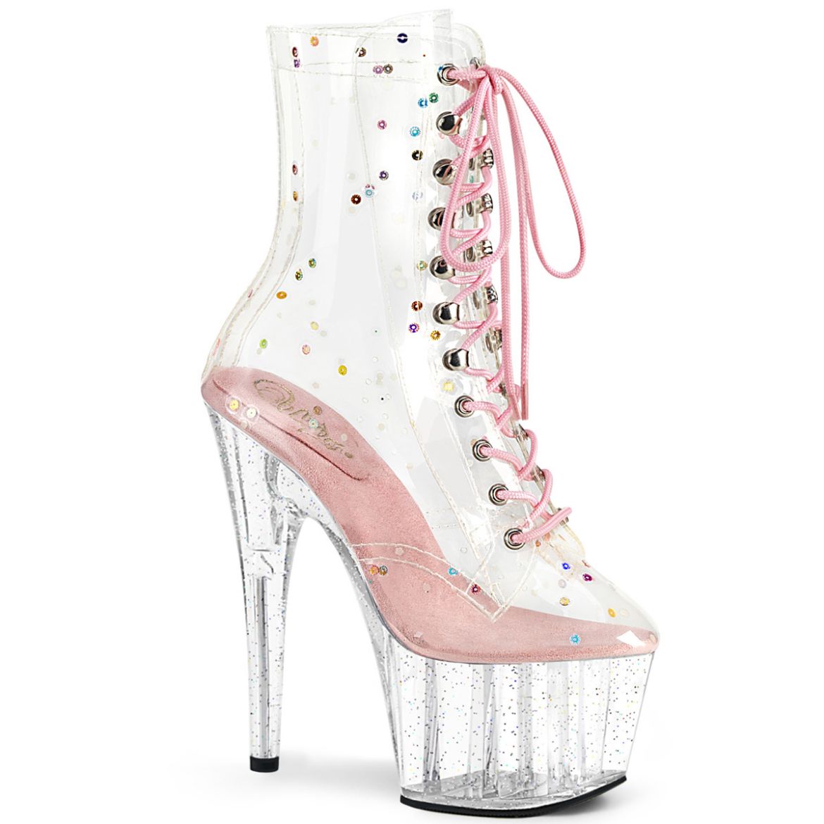Product image of Pleaser ADORE-1020C-2 Clr TPU-B. Pink/Clr 7 Inch Heel 2 3/4 Inch PF Lace-Up Front Ankle Boot