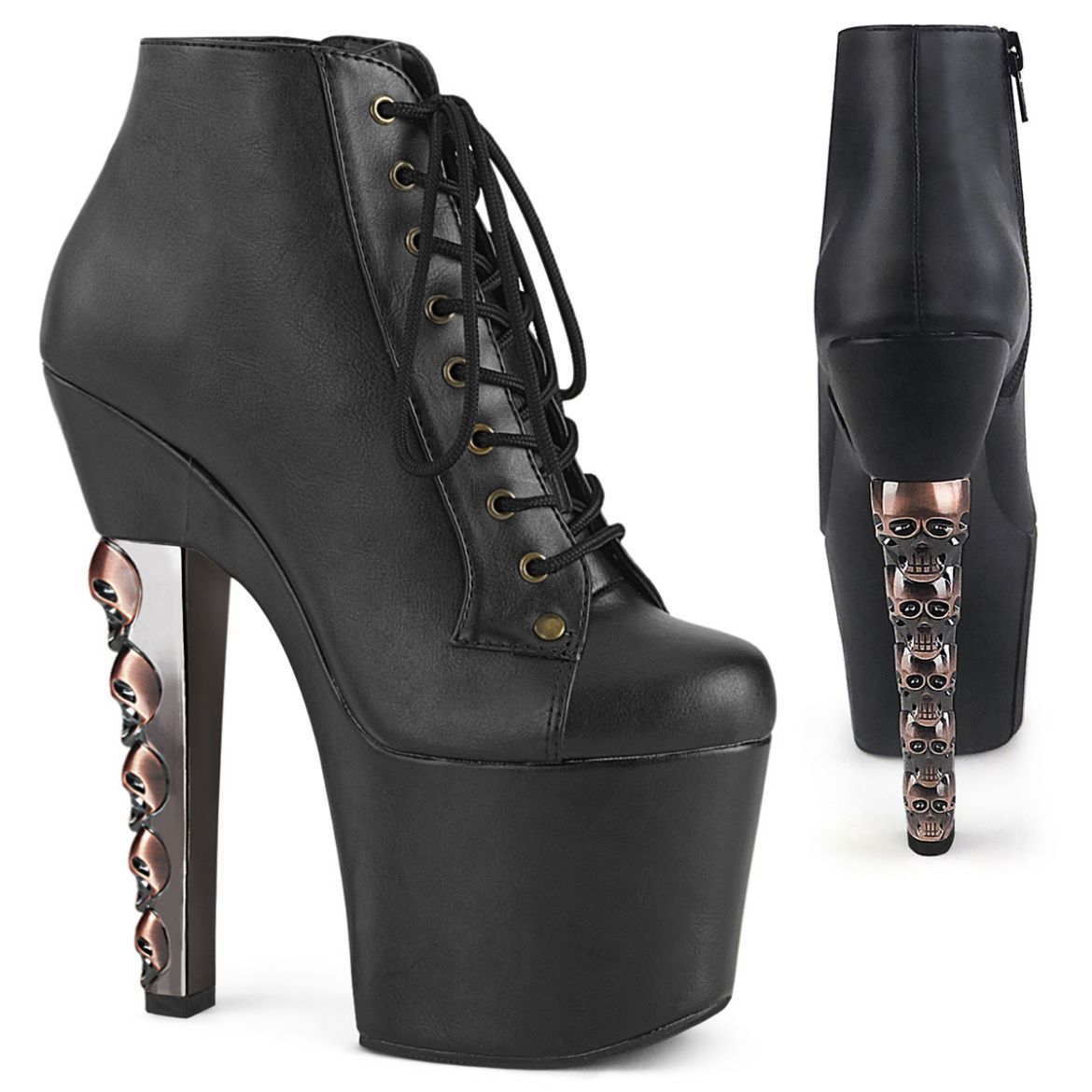 Product image of Pleaser HEX-1005 Blk Faux Leather/Blk Faux Leather 7 Inch Skull Stacked Heel 3 1/4 Inch PF Lace-Up Front Ankle Booite
